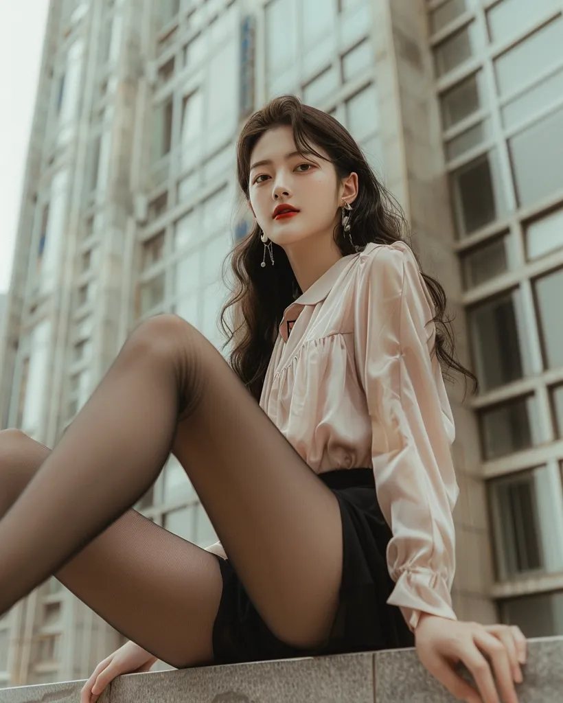A young woman with long dark hair and red lipstick sits on a ledge in front of a modern building. She is wearing black shorts, sheer black stockings, and a loose pink blouse. Her gaze is directed toward the viewer. The image has a soft, warm lighting.