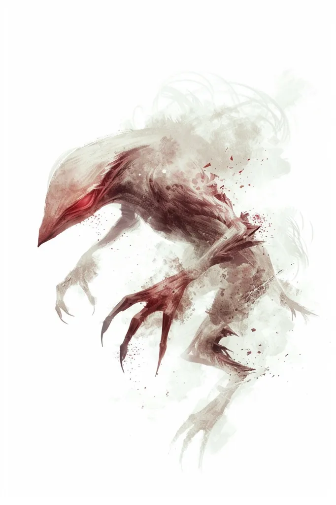 The image depicts a monstrous creature with a long, sharp beak and clawed hands. Its body is a pale grey with hints of red, suggesting a bloody and violent nature. The creature appears to be in motion, its form blurred and ghostly against a white background, creating a sense of danger and uncertainty. The image is rendered in a stylized, almost watercolor-like style, adding to the ethereal and unsettling mood.