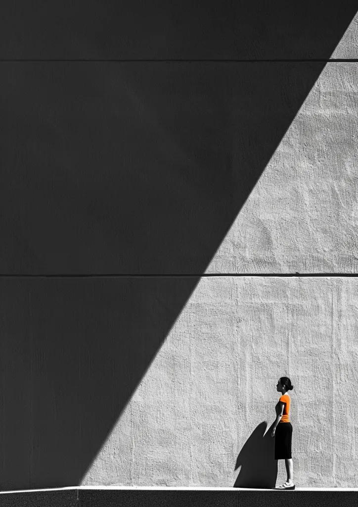 The image shows a woman standing in front of a wall that is split diagonally into two sections, one shaded and one bathed in sunlight. The woman is wearing a bright orange shirt and dark pants, and she is standing in the sunlit section. Her shadow is cast long and dark on the shaded side of the wall, creating a striking contrast. The simplicity of the image emphasizes the division between light and dark, and the woman's small figure highlights the vastness of the wall.