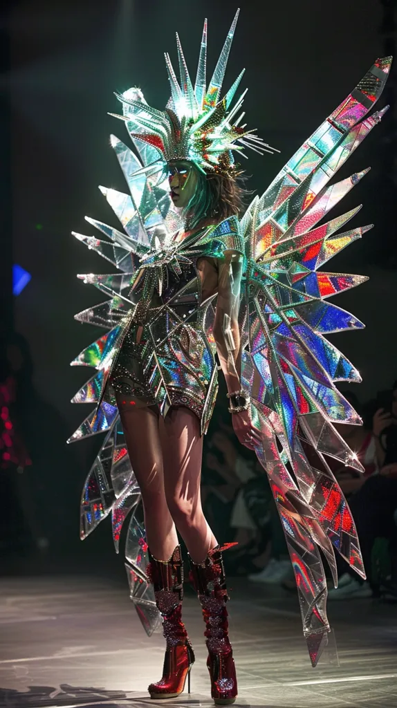 A model is wearing a stunning, futuristic outfit made entirely of iridescent, reflective panels. The costume is a work of art, resembling a pair of enormous wings that extend from a headpiece to create a dramatic silhouette. The model wears red, bejeweled boots that complete the otherworldly look.  The dark background creates a dramatic contrast and emphasizes the costume's intricate details.  The model stands with a confident pose, exuding an air of power and mystery.