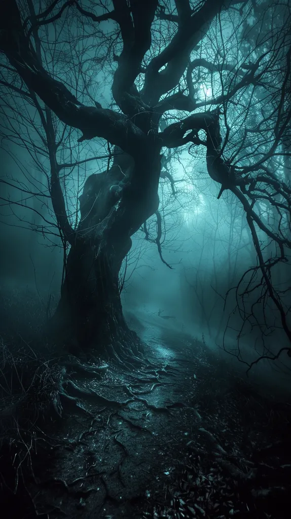 A large, gnarled tree stands tall in a misty forest. The thick branches reach up into the sky, casting long shadows across the forest floor. A thin path winds its way through the trees, disappearing into the fog. The scene is dark and mysterious, suggesting a sense of foreboding and isolation. The image evokes a sense of wonder and the unknown.