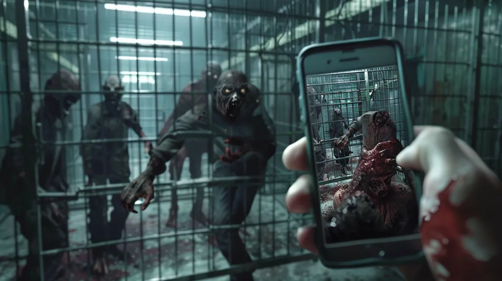 A hand holds a phone, taking a picture of a zombie horde through a cage. The zombies are covered in blood and flesh, with one especially gruesome figure in the forefront. The scene is dark and ominous, with a sense of impending doom. The image captures the terrifying reality of a zombie apocalypse.