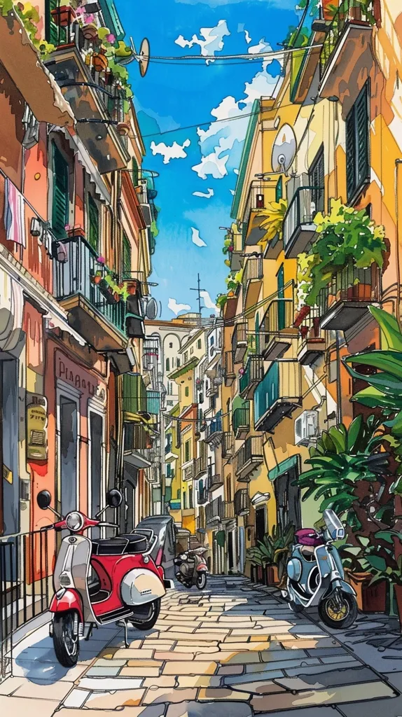 A narrow, cobblestone street lined with brightly colored buildings. The street is filled with balconies, plants, and laundry hanging on lines. Two scooters are parked on the street, one red and one blue. The sky is a bright blue with fluffy white clouds. The scene is warm and inviting, evoking a sense of Italian charm.