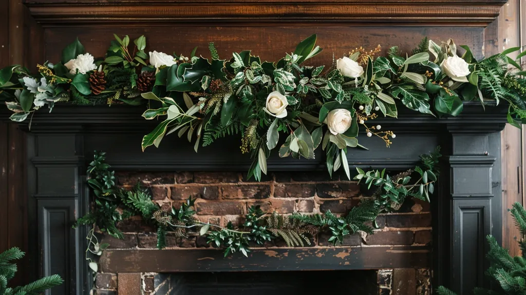 A fireplace mantle is adorned with a lush garland of greenery and white flowers. The garland cascades down the sides of the black fireplace, which is set against a backdrop of exposed brick. The arrangement exudes a festive and elegant ambiance, creating a cozy and welcoming atmosphere. The garland includes various types of foliage, including ferns, ivy, and holly, adding depth and texture to the design. The white flowers, possibly roses or hydrangeas, provide a touch of delicate beauty, enhancing the overall aesthetic. The garland is a beautiful and natural way to decorate a fireplace for the holidays or any special occasion.
