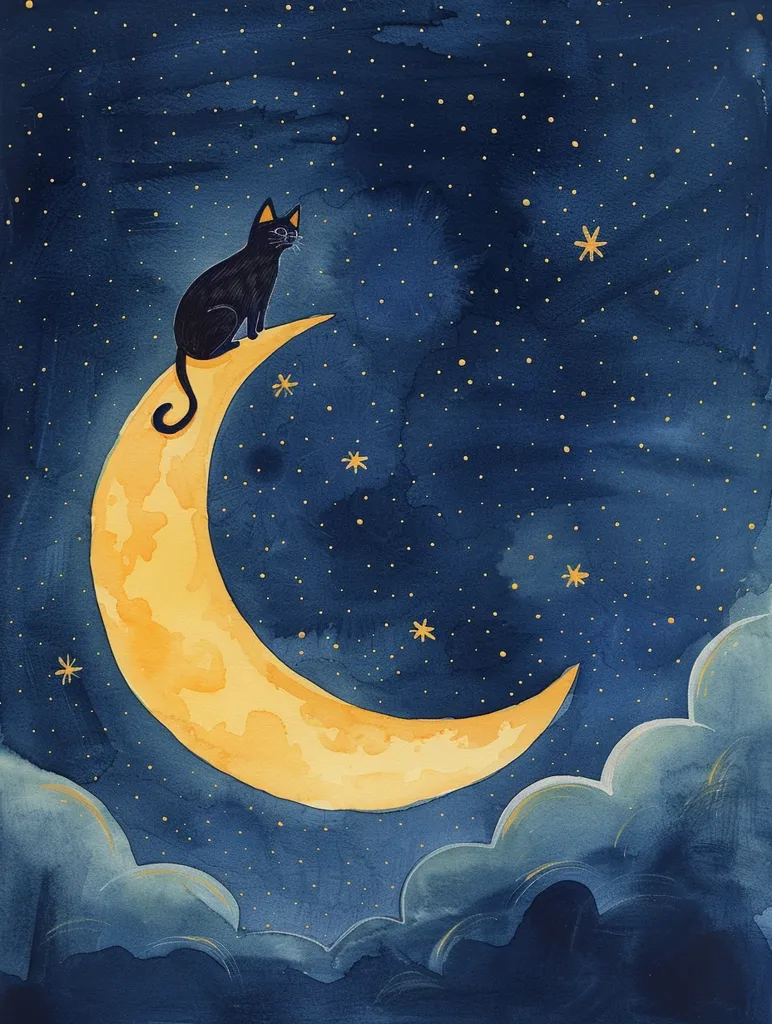 A black cat sits on a crescent moon against a deep blue starry night. The moon is painted in a yellow hue, with a few white clouds peeking out from behind it. The stars are a mixture of gold and white, giving the image a dreamy, magical feel. The overall effect is whimsical and enchanting.