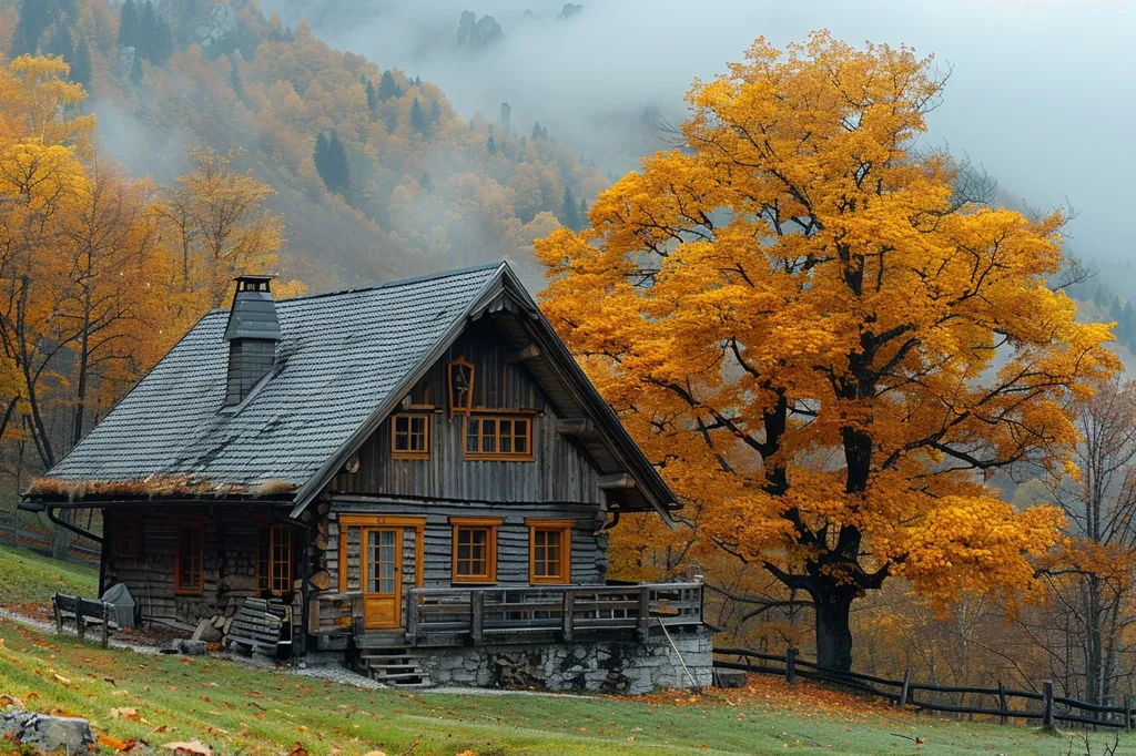 A charming wooden cabin sits nestled amidst a picturesque autumn landscape.  A large tree with vibrant yellow leaves stands proudly in the foreground, its branches reaching towards the misty sky.  The cabin, with its slate roof and a chimney rising from its center, provides a cozy retreat from the elements.  The surrounding hills, draped in soft fog, add a touch of mystery and tranquility to the scene.