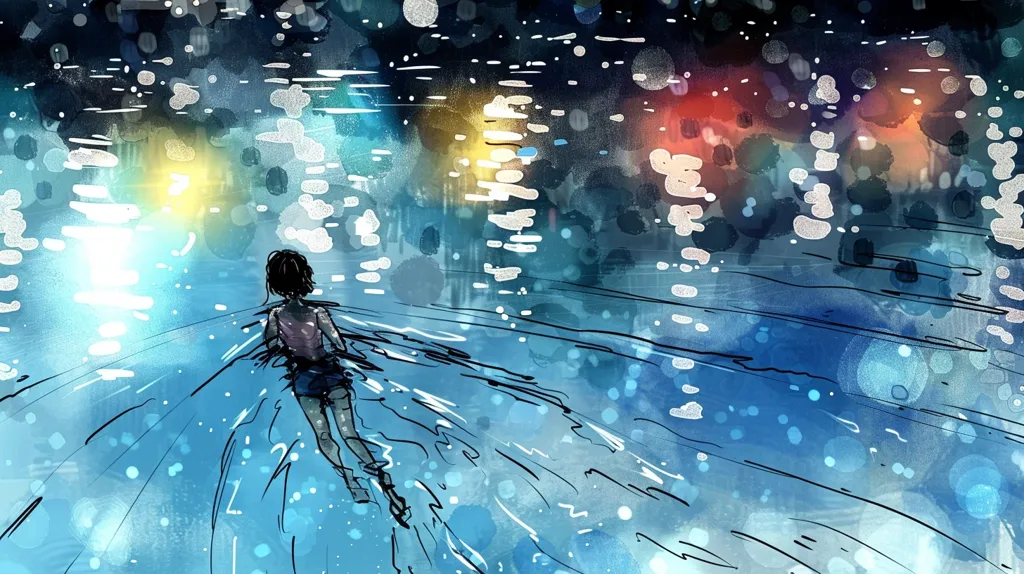 A lone figure swims through a body of water, the reflection of city lights shimmering on the surface. The water is a deep blue, with streaks of white and black. The swimmer is small and alone in the vast expanse, creating a sense of solitude and mystery. The image is a watercolor painting with a dreamy, ethereal quality.