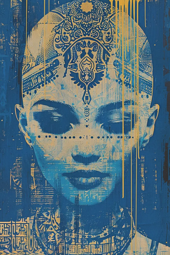 The image is a close-up of a woman's face, painted in a blue and yellow color scheme.  The woman's face is adorned with intricate patterns and symbols, appearing as if they are tattoos.  The style of the artwork is reminiscent of a stencil or graffiti.  The background is a blue color, with a sense of depth created through the use of different shades of blue.