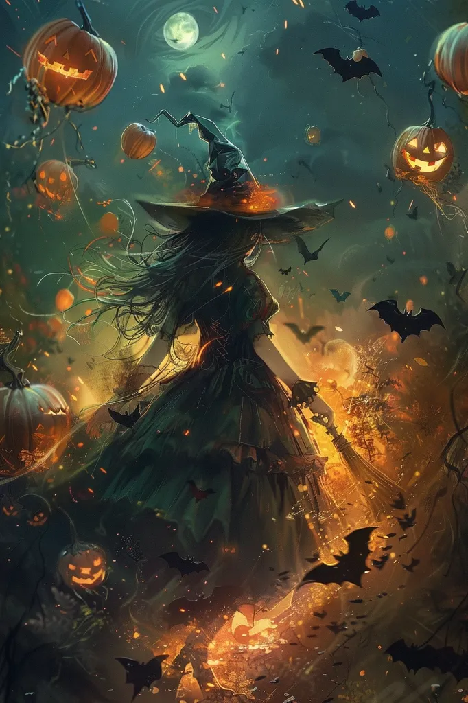A witch in a black dress and pointed hat flies through the night air, surrounded by bats and glowing jack-o-lanterns. The scene is lit by the moon and the flickering flames of the pumpkins, creating an eerie and magical atmosphere. The witch's long black hair streams behind her as she flies towards an unseen destination, her expression hidden by the shadow of her hat.  The image evokes the spooky and fantastical spirit of Halloween.