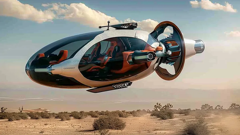 The image depicts a futuristic flying vehicle, hovering above a desert landscape. It has a sleek, silver and black exterior, with large windows revealing an orange interior. The vehicle has a large propeller on the right side, suggesting it is powered by air. The desert scenery in the background is sparse and arid, emphasizing the futuristic nature of the vehicle. The overall tone of the image is one of wonder and anticipation for the future of transportation.
