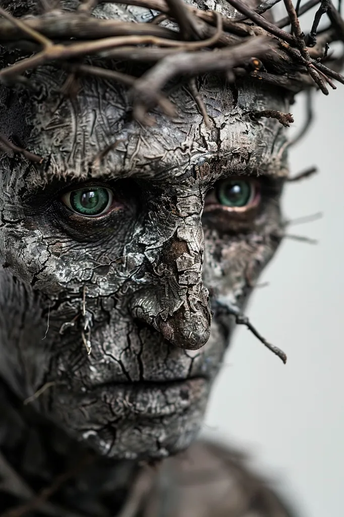 A close-up shot of a person's face covered in a dark, cracked, bark-like substance. A crown of thorns sits atop their head, and their eyes have a menacing green hue. The image creates a sense of unease and evokes imagery of a creature of the forest. The subject's expression is difficult to decipher, adding to the overall unsettling nature of the picture.