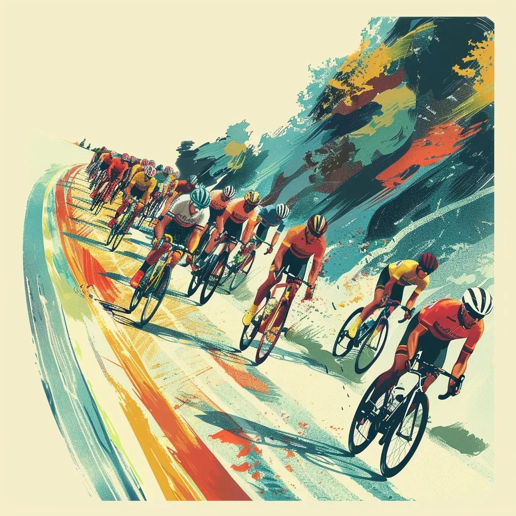 A group of cyclists race down a winding road. They are wearing bright yellow and red jerseys, and their bikes are sleek and modern. The road is painted in a bright, colorful abstract style, with strokes of orange, yellow, and blue. The background is a blur of green and blue, suggesting a wooded area. The image is vibrant and energetic, capturing the thrill of the race.