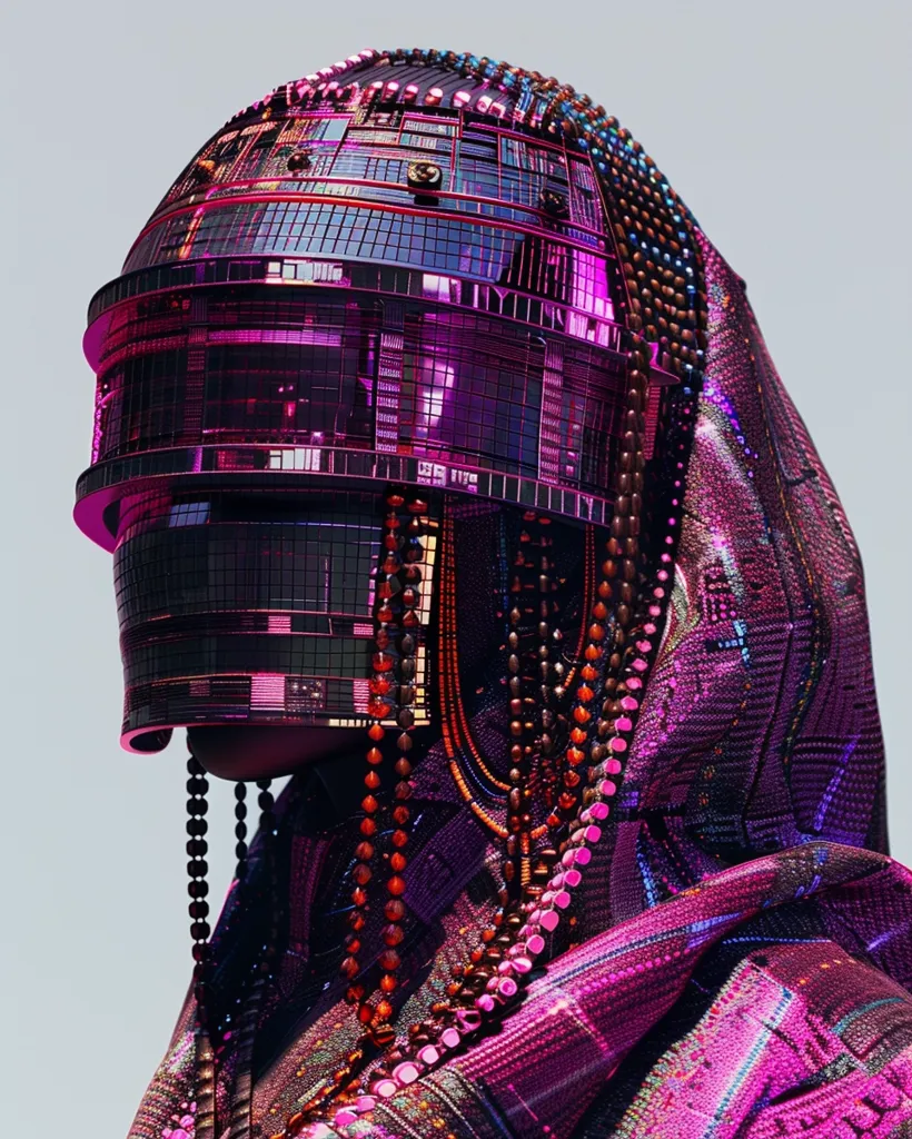 The image shows a futuristic, cyberpunk-style figure wearing a helmet made of intricate circuitry and a cloak adorned with shimmering, iridescent beads. The helmet's design resembles a complex electronic device, while the cloak creates an ethereal and otherworldly atmosphere. The overall image suggests a blend of technology and fantasy, hinting at a world where the boundaries between the real and the artificial are blurred.