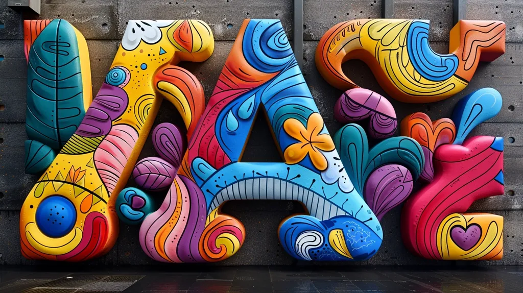 The image shows a vibrant, colorful mural of the word "MAZE" on a concrete wall. The letters are large and three-dimensional, painted in a whimsical style with intricate swirls, dots, hearts, and floral patterns. The colors are bright and playful, creating a visually striking and dynamic composition.
