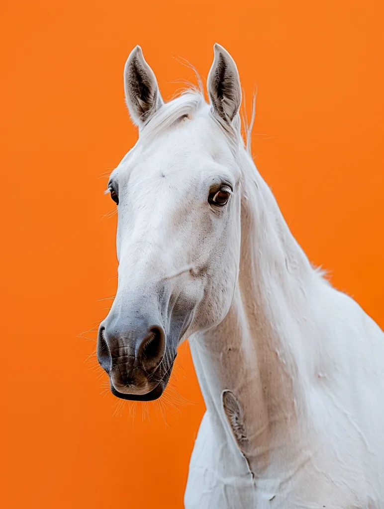 A white horse with a dark nose and large, dark eyes stares directly at the camera. Its mane is windblown, and its coat is smooth and glossy. The horse is set against a bright orange background, creating a stark contrast between the two colors. The image is taken from a close-up perspective, focusing on the horse's head and neck.  The horse's gaze is intense and captivating.