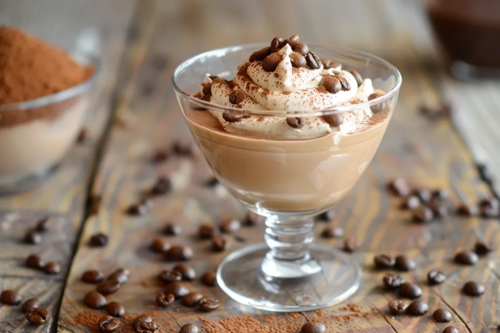 A glass dessert dish filled with a creamy, coffee-flavored mousse topped with whipped cream and sprinkled with coffee beans sits on a wooden table.  The table is surrounded by coffee beans, suggesting a delicious coffee-themed dessert. The background features a blurred image of a bowl of cocoa powder.  The dessert appears rich, decadent, and inviting.