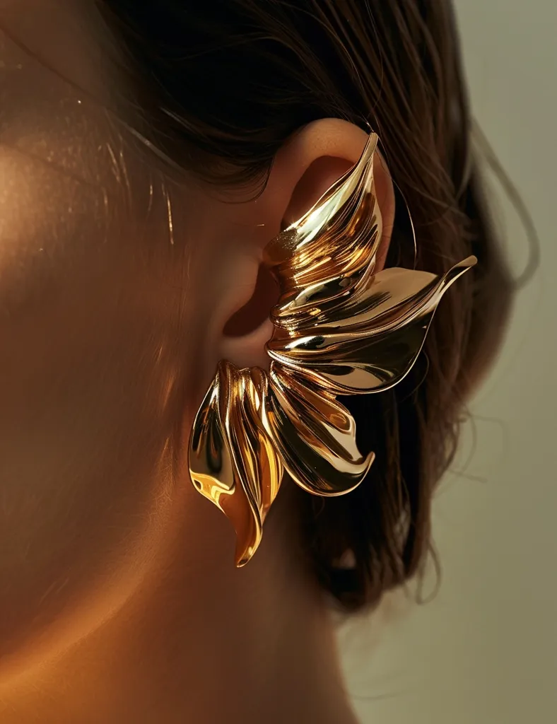 A woman's ear is adorned with a large, golden earring shaped like a stylized flower. The earring is made of smooth, curved metal and appears to be crafted in a modern, minimalist style. The light catches the surface of the earring, making it gleam with a rich, metallic sheen. The earring's intricate design draws attention to the ear, making it a statement piece of jewelry. The image is close-up, focusing solely on the earring and the surrounding skin, highlighting the detail of the earring's design. The soft, warm lighting adds a sense of elegance and sophistication to the image.