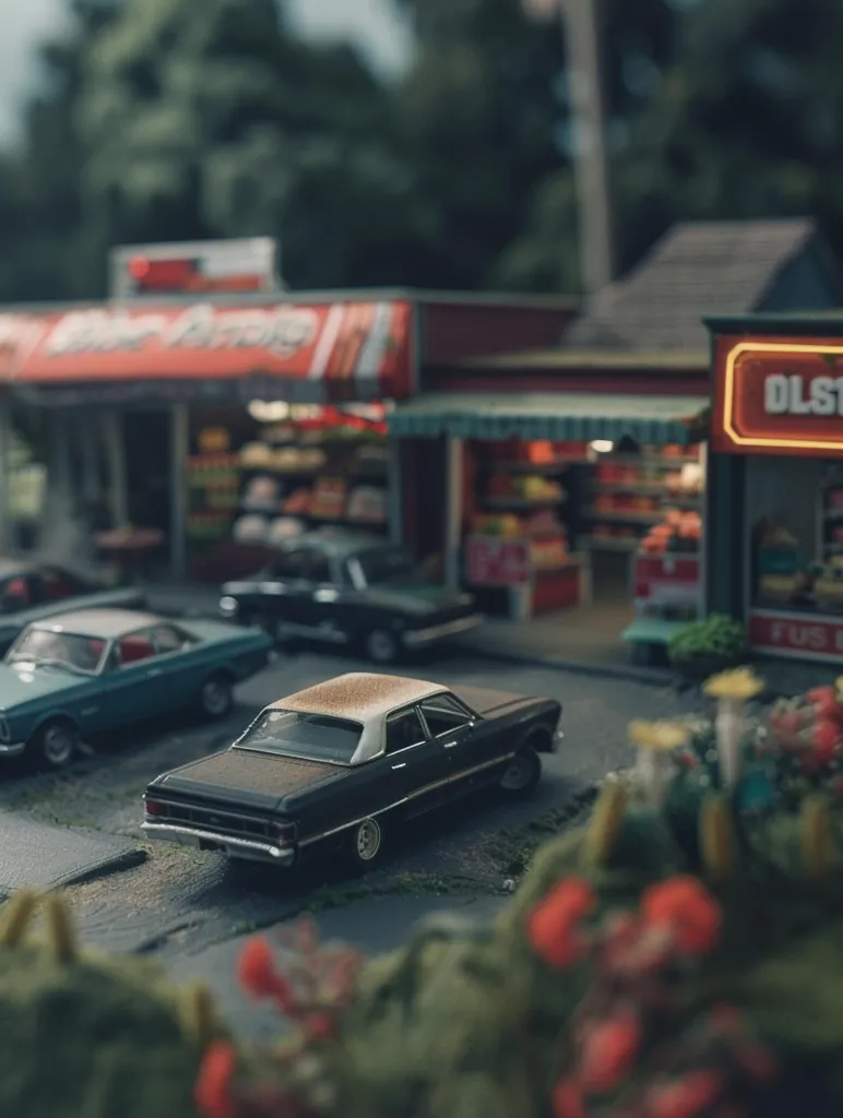 A black vintage car is parked in front of a row of shops. The car is a classic model with a long hood and a large trunk. The shops are brightly colored and have signs above them. The scene is set in a small town or city. The car is in focus, while the shops and the surrounding area are blurred. The image has a vintage feel and a sense of nostalgia. The image is likely a photograph taken in a model town or city.