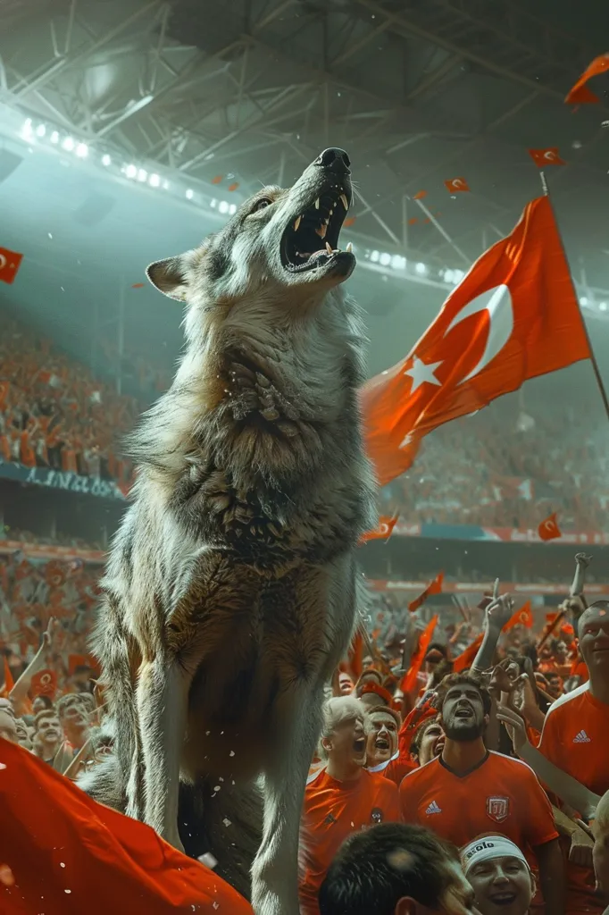 A wolf stands tall and proud in a stadium filled with cheering fans. The wolf is in the foreground, with a large Turkish flag behind it. The crowd is waving red flags with the Turkish symbol, creating a vibrant and passionate atmosphere. The wolf's howl echoes the excitement of the fans, symbolizing the spirit and strength of the nation.