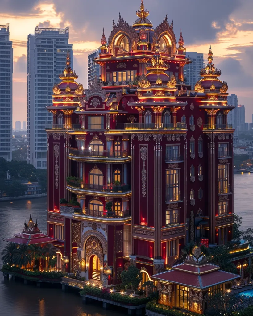 The image shows a lavish, multi-story building with a red facade and intricate gold accents. Its ornate architecture, reminiscent of a palace, features numerous windows, balconies, and decorative elements. The building sits on a waterfront, surrounded by lush greenery and smaller structures. The warm glow of lights emanating from the building and its surroundings creates a captivating ambiance against a twilight sky.