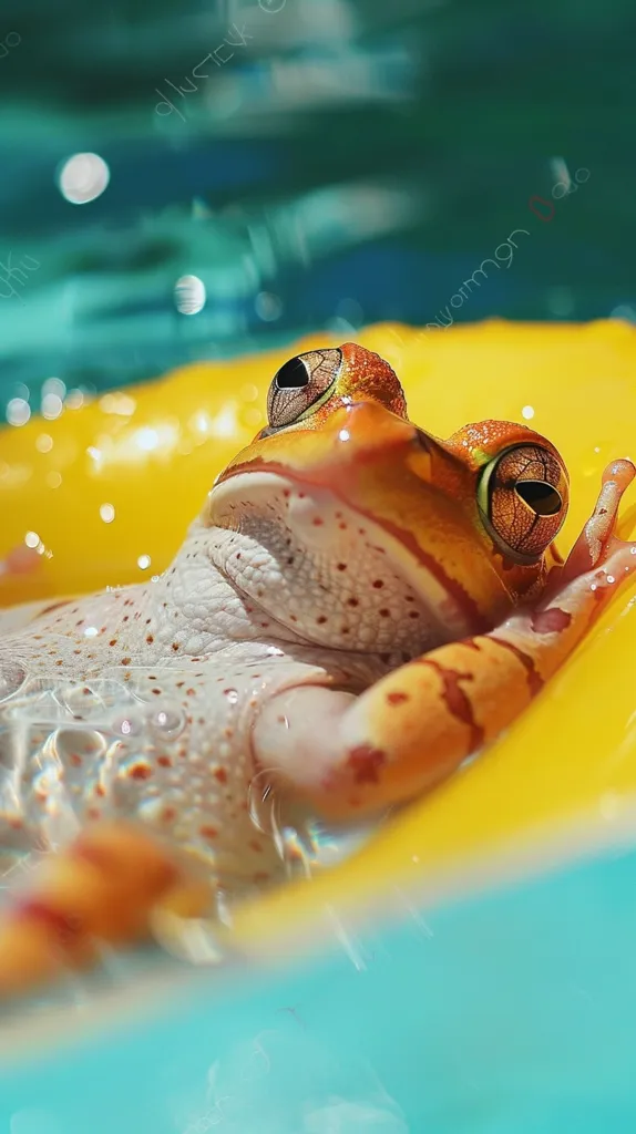 A vibrant, yellow and orange frog with large, dark eyes relaxes on a bright yellow inflatable in a pool of clear turquoise water. The frog's skin is speckled with white and orange, creating a beautiful contrast against the vibrant colors of its surroundings. The light refracts through the water, casting a sparkling effect on the frog's skin.  The image captures a moment of pure tranquility and playful fun.