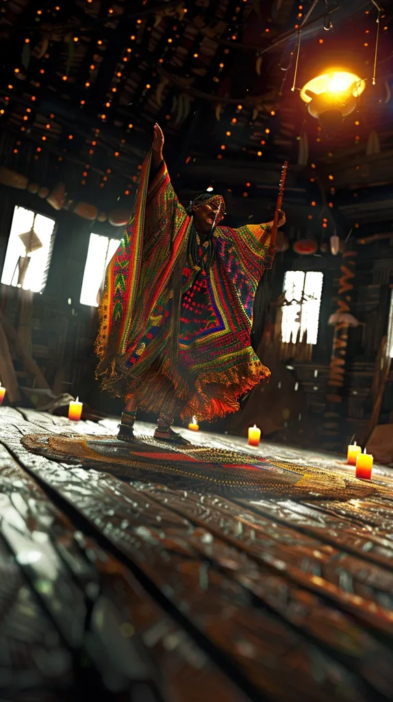 A person wearing a brightly colored, patterned robe, dances in a dimly lit room. They are surrounded by candles and the room is decorated with various objects, possibly for a ritual. The room's ceiling is covered in lights and a lamp is hanging above.