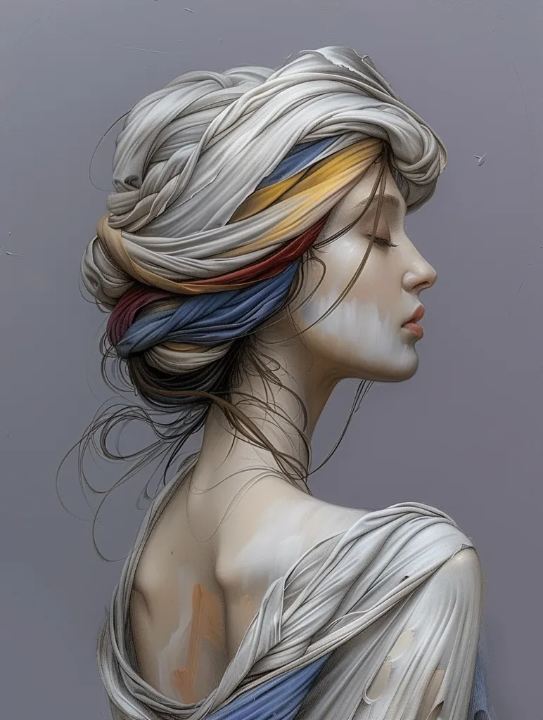 The image is a close-up portrait of a woman with her eyes closed. She is wearing a white and blue turban-like head covering with hints of red and yellow peeking out. The woman's face is painted white, with hints of blue paint on her neck. She is wearing a white and blue dress that is draped over her shoulder. The background is a soft grey. The image evokes a sense of peace and serenity.