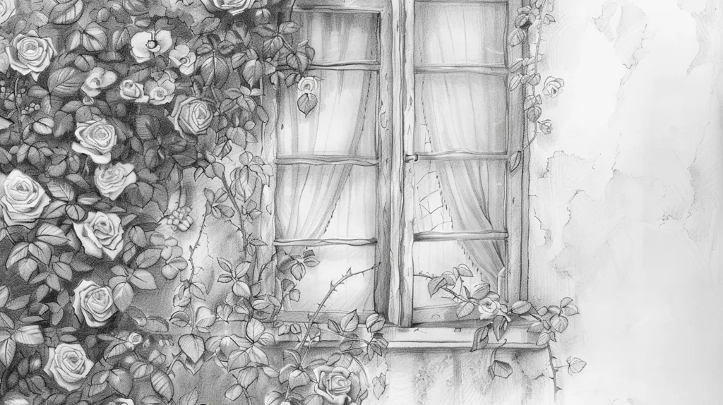 The pencil sketch depicts a window with sheer curtains and a vine of roses growing around it. The roses are in various stages of bloom, with some fully open and others still in bud. The window is framed by a rough stone wall, and the vine continues on the wall. The image is detailed and realistic, capturing the beauty of nature in a simple yet elegant way.
