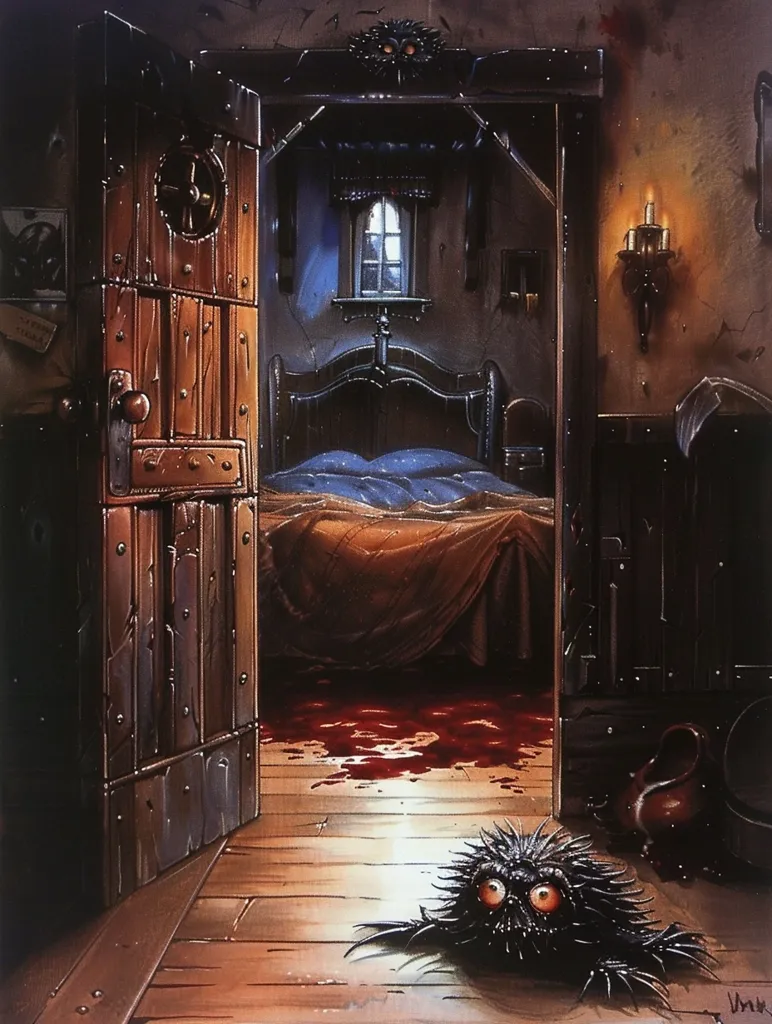 The image depicts a dark, eerie bedroom with a wooden door ajar, revealing a bed with blood splattered on the floor. A small, furry creature with large eyes sits in the doorway, casting a shadow on the wooden floor. Candles illuminate the scene, casting long, ominous shadows. The overall atmosphere is one of dread and mystery.