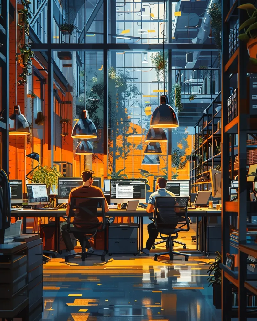 Two people sit facing computer screens in a modern office setting. The room has large windows, exposed brick, and a bookshelf overflowing with books.  The workspace is well-lit by several hanging light fixtures.  The room has a warm, inviting atmosphere.