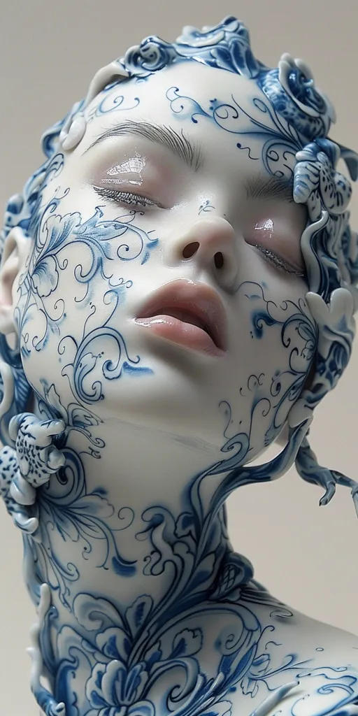 The image shows a close-up of a woman's face, covered in intricate blue and white floral patterns. The woman's eyes are closed, and her lips are slightly parted. The pattern evokes a sense of delicate beauty and traditional artistry, reminiscent of porcelain or ceramic designs.  The image is striking and somewhat surreal, with the intricate pattern seamlessly blending with the woman's features.