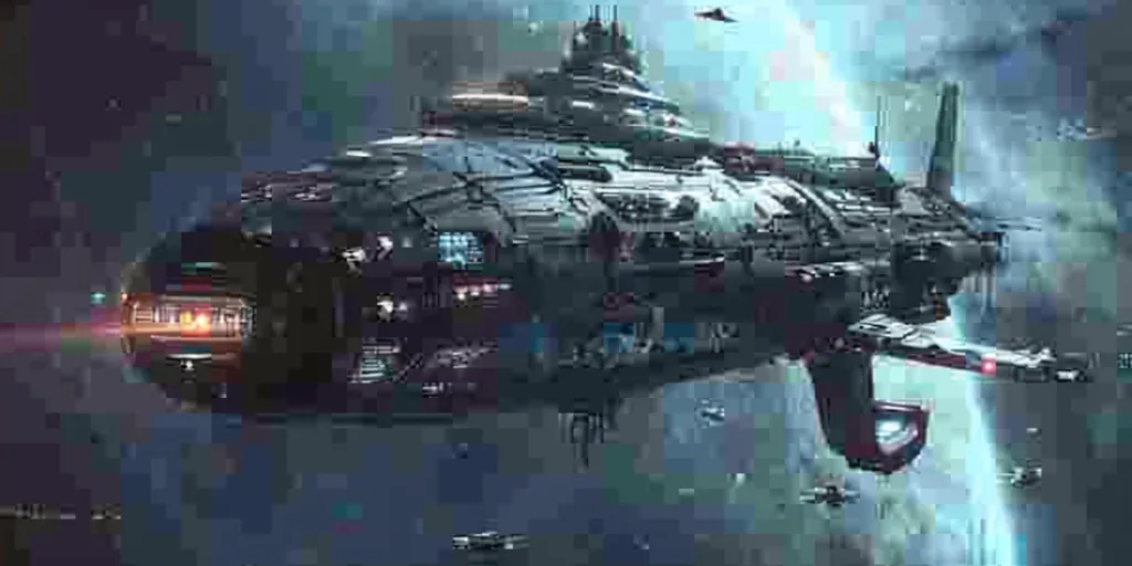 A large, grey spaceship with a red underbelly and numerous windows floats in space against a backdrop of swirling nebulae. It has an elongated, cylindrical shape with a smaller cylindrical section attached at its end. Several smaller ships are visible in the background, flying in different directions.