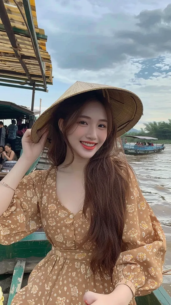 A young woman with long brown hair smiles as she holds a traditional Vietnamese conical hat. She is wearing a brown floral dress and is sitting in a boat on a calm river with a boat in the background and lush greenery lining the shore. The sky is cloudy and blue.