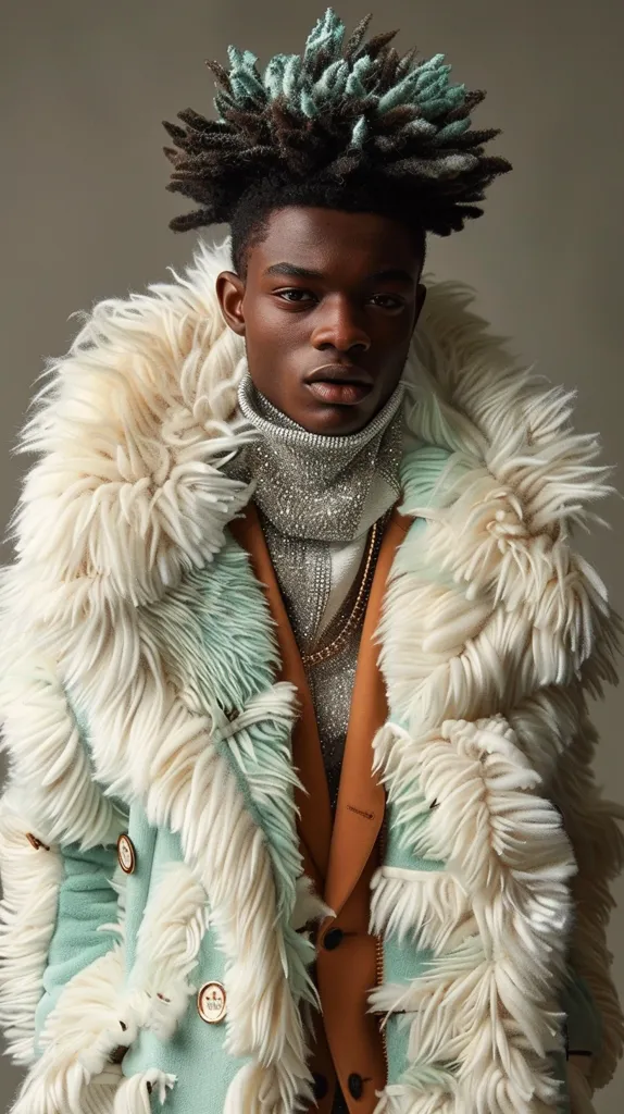 A young Black man with short dreadlocks dyed turquoise and white stands against a plain background wearing a turquoise and cream coat with a long, fluffy fringe. He wears a sparkly turtleneck and a gold chain around his neck. The coat appears to be made of a furry material.  He looks directly at the camera with a serious expression.