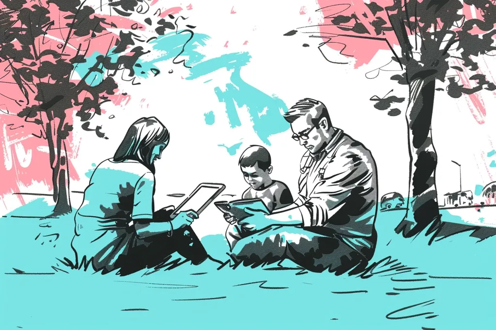The image depicts a family of three sitting on a grassy patch under the shade of two trees. The father is sitting on the right, wearing glasses and a jacket. He is looking down at a phone or tablet. To his left is a young boy who is also looking down at a phone. A woman sits next to the boy, also looking down at a phone or tablet. The scene is drawn in a simple, sketchy style with blue and pink accents.