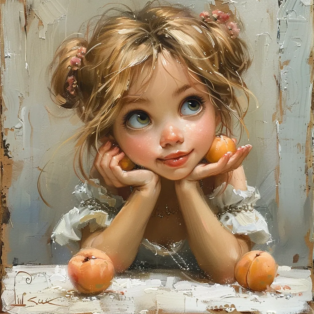 a painting of a Girl with Peaches by Valentin Serov, in the style of disney animation, cute disney girl sitting at a table with a white tablecloth, holding a peach in her hands, licking two peaches on the table, cute round face, character caricatures, oil paint, inspired by Dutch Golden Age painting --ar 1:1 --v 6.0 --style raw --stylize 500