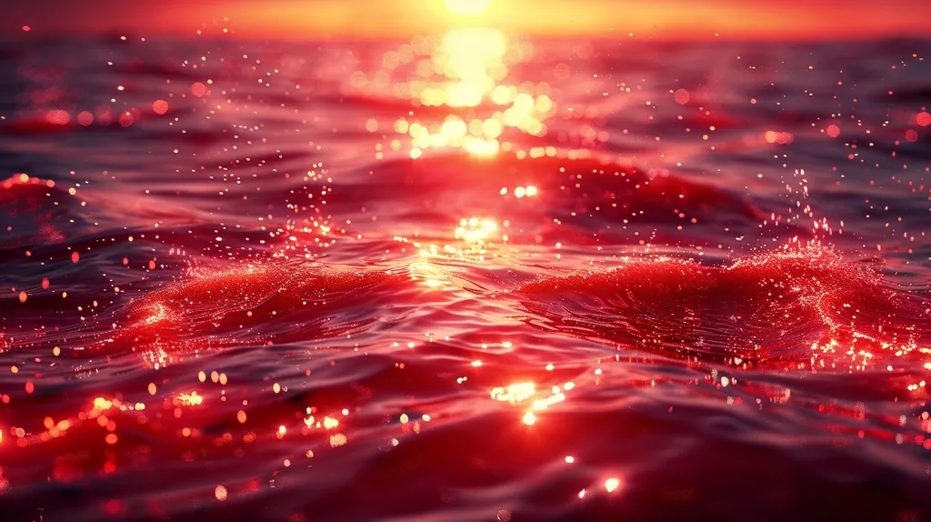 The image shows a close-up of a body of water that appears to be red due to the setting sun reflecting off of it. The water is rippling gently and there are small splashes of water visible in the foreground.  The image has a warm and inviting feeling.