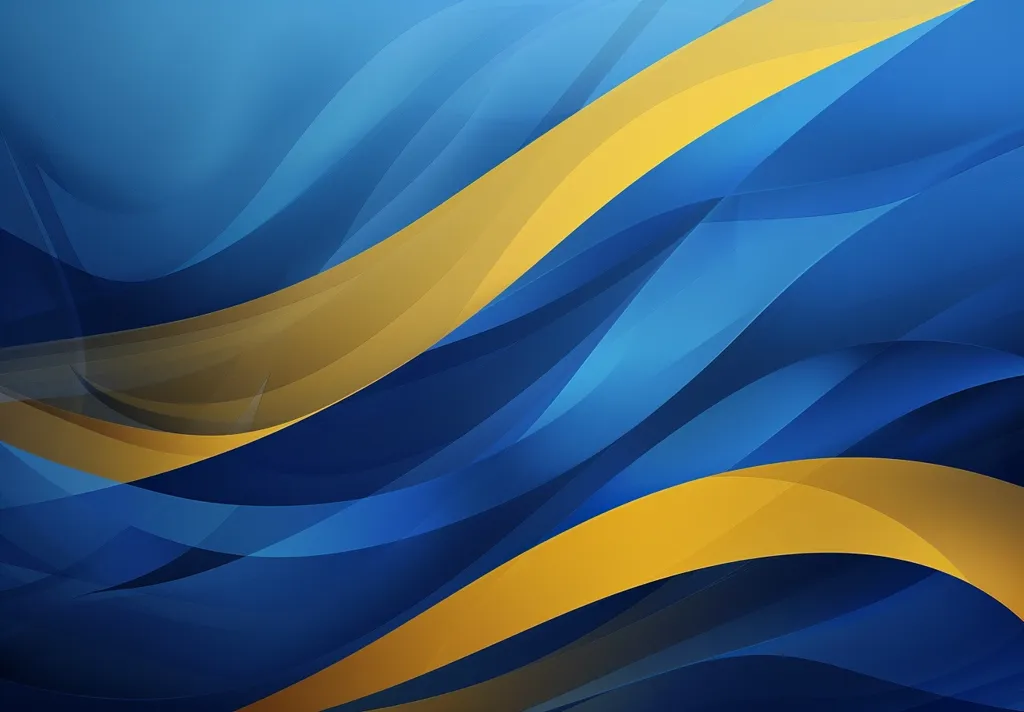 The image is a blue and gold abstract background. It features a series of overlapping, wavy lines that create a sense of depth and movement. The blue lines are darker at the bottom and lighter at the top, giving the impression of light shining from above. The gold lines are thin and curved, adding a touch of warmth and contrast to the composition. The overall effect is one of sleek elegance and modern design.