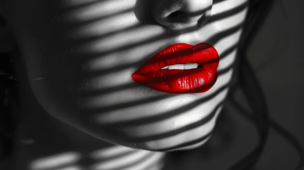 The image is a close-up of a woman's face, with her lips the focus. Her lips are painted a vibrant red and are slightly parted. The rest of the image is in black and white, with the light and shadow from blinds casting a pattern onto her face. The image is suggestive and intriguing, with the contrast between the bold red lips and the black and white background creating a sense of drama.