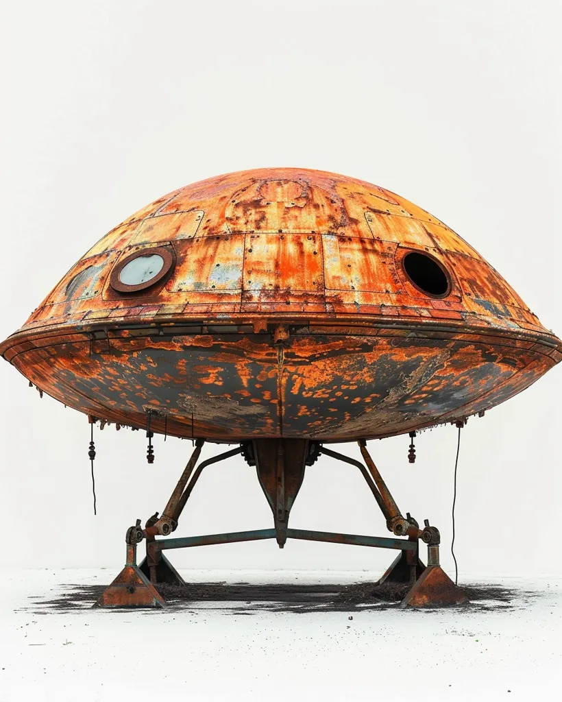 A rusty, abandoned UFO sits on a white surface. Its dome-shaped top is covered in rust and faded paint. Three spindly legs support the craft. It appears to be a relic from a bygone era of sci-fi dreams.