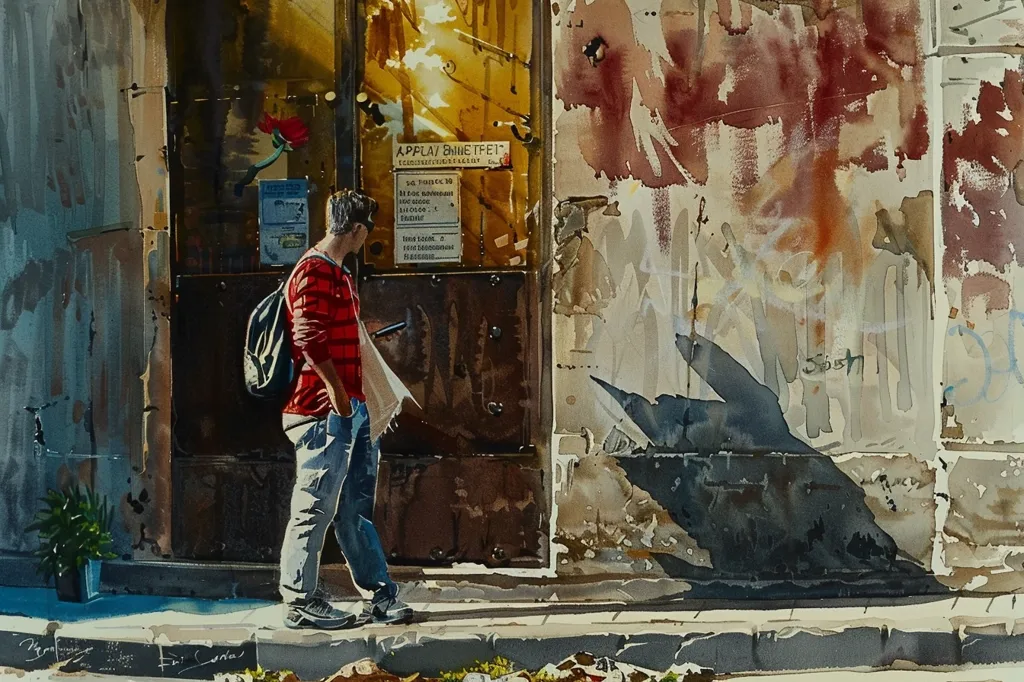 A man in a red and white striped shirt stands on a sidewalk in front of a building with a large glass door. He is holding a white paper bag in his left hand. The wall next to the door is covered in graffiti. A small potted plant sits on the ground in the front left corner. The scene is rendered in a painterly style.