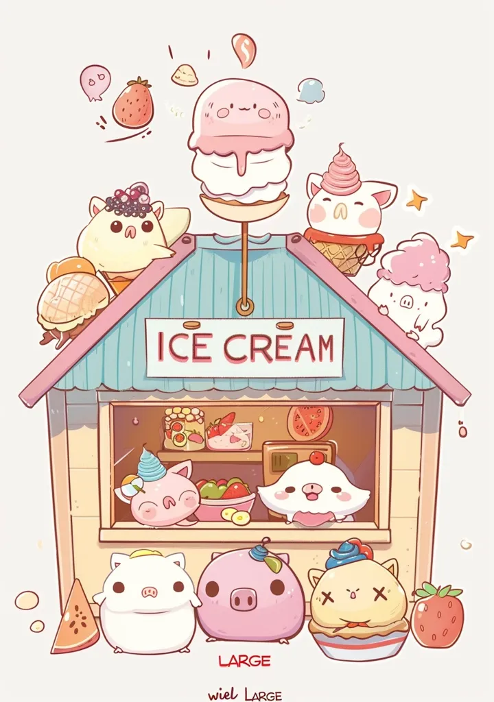 A cute cartoon ice cream shop with a sign that reads "Ice Cream" is surrounded by adorable animal characters. There are pink pigs, white bunnies, and a yellow bird. They are all holding ice cream cones, and the shop is full of tasty treats. The image is bright and cheerful, perfect for a fun summer day.
