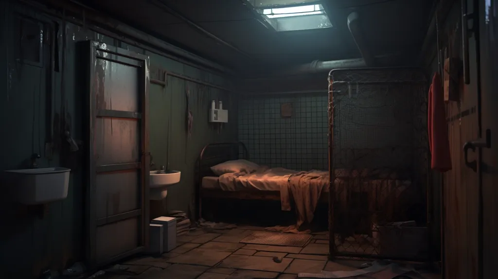 The image shows a dimly lit, rundown room with a single bed, a sink and a toilet. The room has a dark, gritty feel, and there are several items scattered around. The bed is made up with a blanket, but it appears to be old and worn. The room is very cluttered and appears to be in need of repair. The overall mood of the image is dark and foreboding.  The room appears abandoned, with old pipes and a door off the main room.