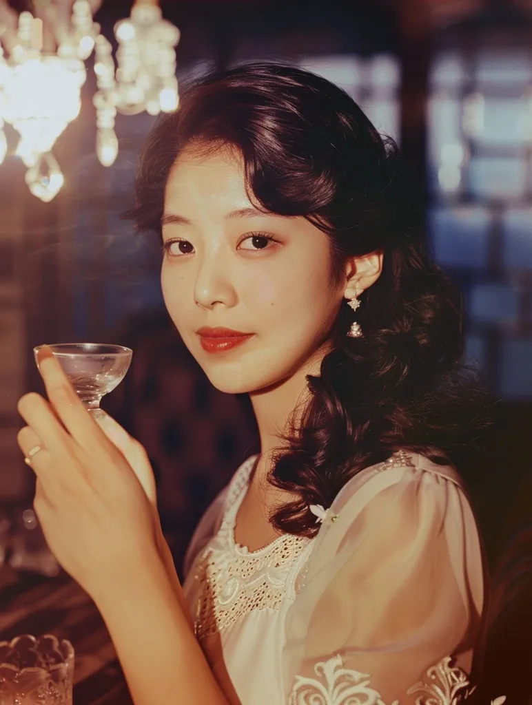A young woman with dark hair styled in a vintage manner holds a stemmed glass with a clear liquid. She is wearing a white dress with lace detailing and a delicate flower tucked behind her ear. The image has a warm, vintage aesthetic, with soft lighting and a blurred background. The woman’s expression is soft and contemplative, creating a sense of nostalgia and romance.