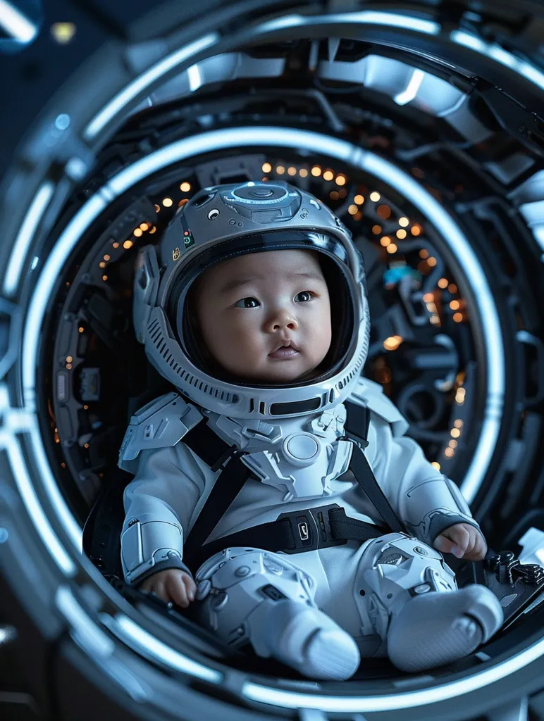 A baby wearing a white astronaut suit and helmet sits inside a spaceship cockpit. The circular cockpit has a futuristic design with glowing blue and white lights. The baby's eyes are wide with wonder and curiosity. The image evokes a sense of adventure and dreams of exploring the unknown.