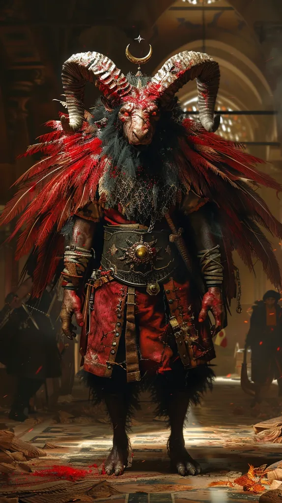 A monstrous creature with goat horns and red feathers stands in a dimly lit room, its horned head tilted slightly downwards. The creature is adorned with dark leather armor and a red belt with a gold buckle, giving it a menacing appearance. Its eyes glow with an eerie light, reflecting the surrounding ambiance. The creature is surrounded by remnants of a battle, suggesting a recent and intense confrontation. The image's overall tone is one of darkness and power, emphasizing the creature's formidable presence.