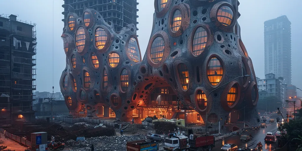 A unique, cave-like building with round windows glows orange in the twilight. It sits next to a tall, sleek, modern building.  The street in front is wet, likely from rain, and several vehicles are parked and driving. A tall, grey apartment block is visible in the distance.  The image is a striking contrast between modern architecture and older construction.