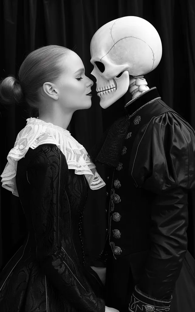 A young woman in a black gown with a lace collar stands close to a skeleton wearing a black suit with ornate buttons. Their faces are close together, and the woman's expression is soft, while the skeleton's is stoic. The image is shot in black and white, creating a stark and dramatic effect. The contrast between the living and the dead is striking, suggesting a theme of mortality and the inevitability of death.