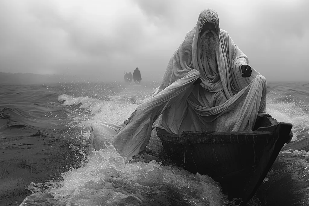 A cloaked figure sits in a small boat, rowing through choppy waters. The figure's face is obscured by the hood, creating an air of mystery and intrigue. The image is in black and white, which enhances the sense of mood and atmosphere. Two other figures can be seen in the distance, also shrouded in mist. The overall impression is one of isolation, mystery, and a sense of journey.
