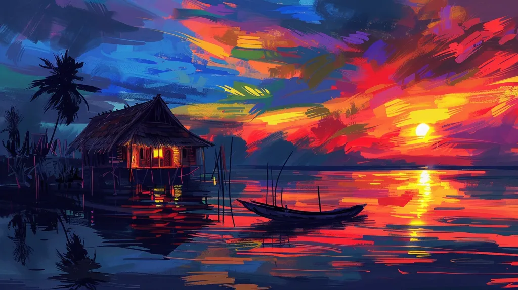 The painting depicts a serene lakeside scene at sunset. A small wooden cabin with a lit window stands on stilts in the water, surrounded by lush vegetation. A single palm tree stands tall in the foreground, while a small boat rests on the calm water. The sky is ablaze with vibrant hues of red, orange, yellow, and blue, creating a breathtaking backdrop for the tranquil scene. The sun, a bright orange orb, sets on the horizon, casting a warm glow over the water and the surrounding landscape.